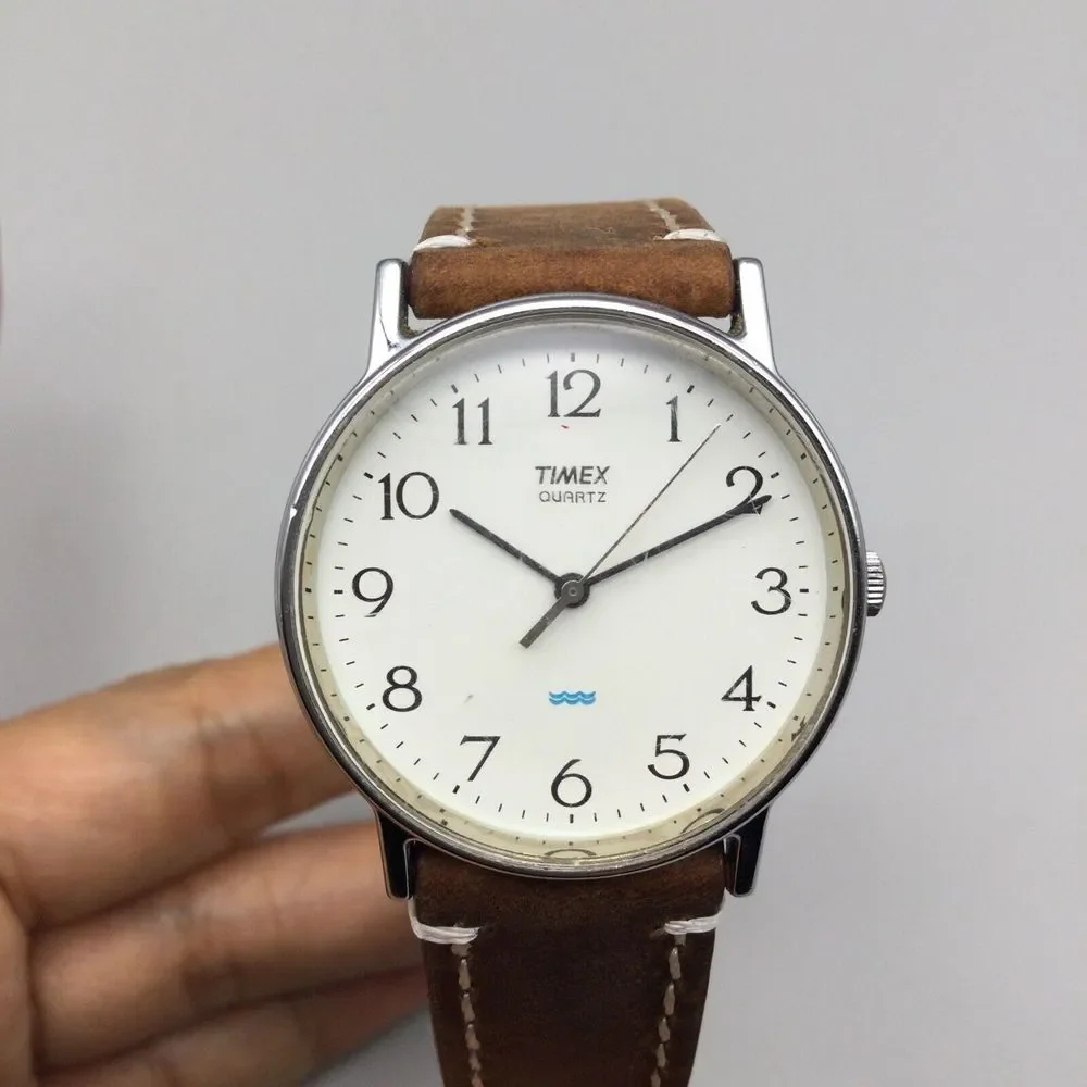 Vintage Timex Watch Men 33mm 1992 Silver Tone Brown Leather Band New Battery - Picture 7 of 15